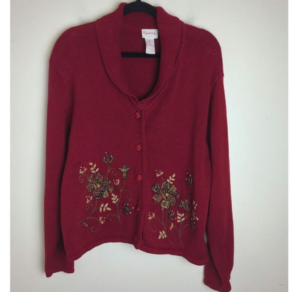 Vintage Cottagecore Knit Embroidered Beaded Sweater Cardigan Women's Size XL - Picture 1 of 9
